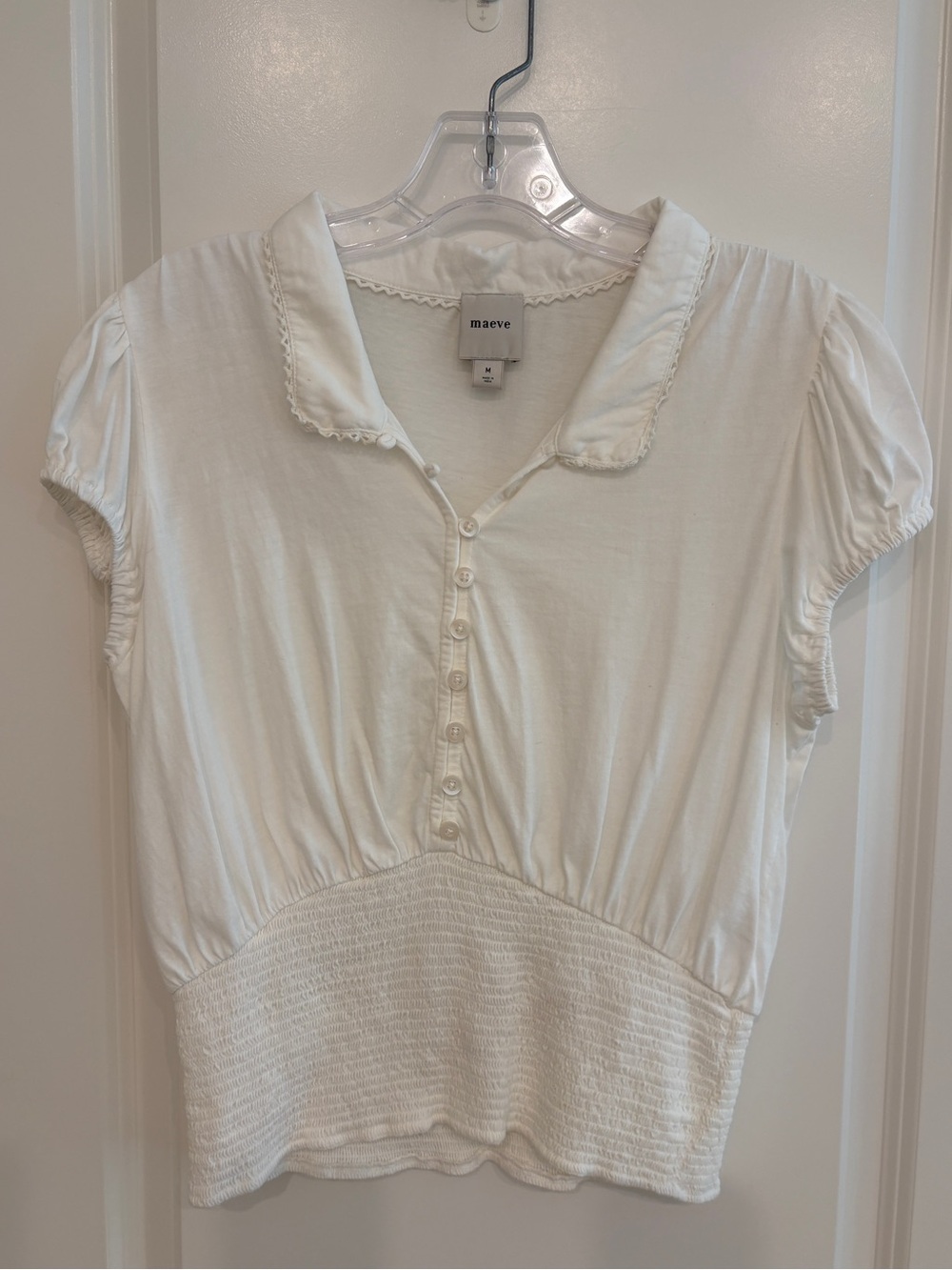 Maeve Cream Short-Sleeve Button Polo Blouse